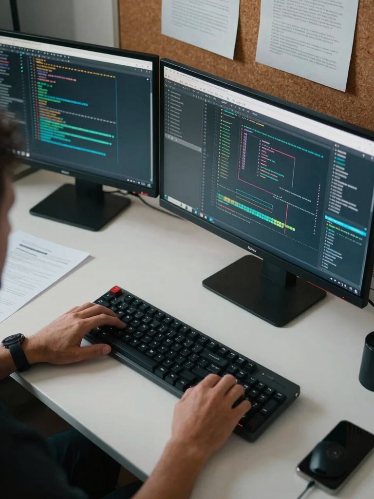 Overhead tight shot of a workstation desk — two monitors displaying dense terminal output and system architecture diagrams, a mechanical keyboard, annotated printouts pinned to a corkboard — cool even office lighting, no person visible, tools in active use