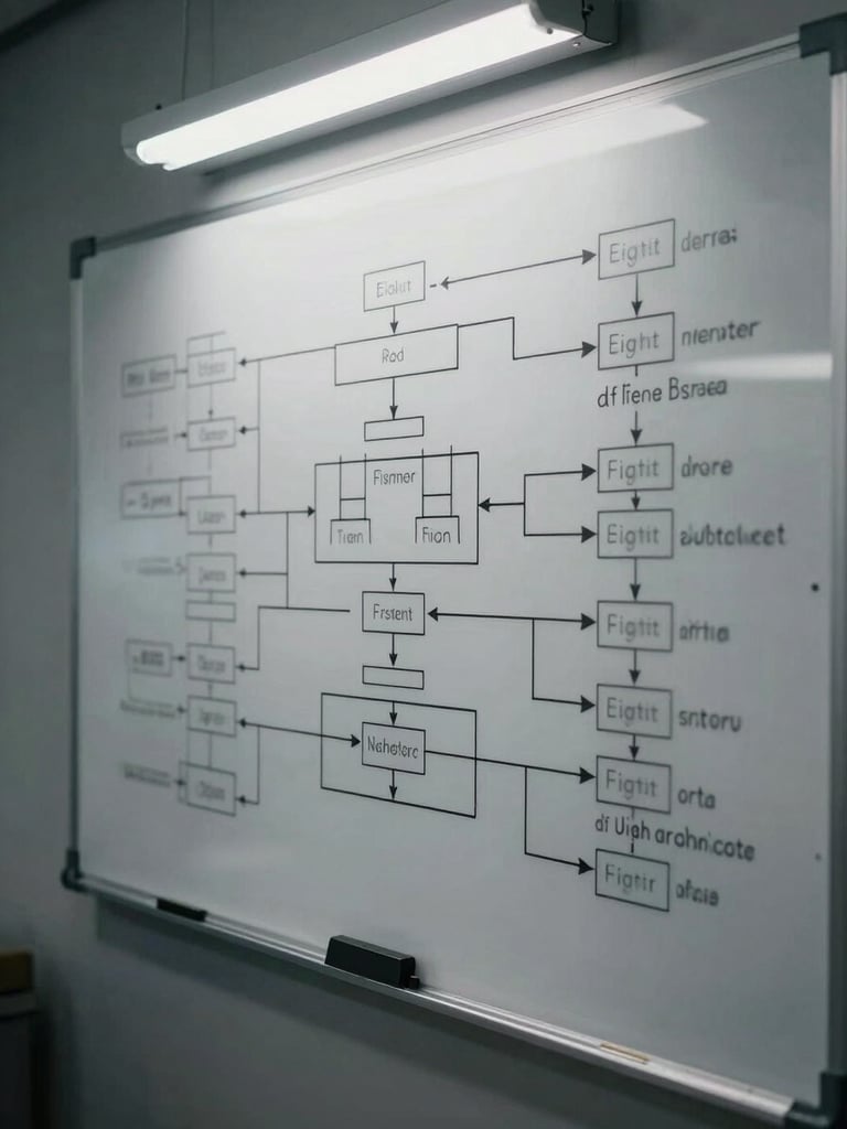 Tight shot of a technical whiteboard covered in system architecture diagrams and connector flow annotations, cool fluorescent overhead light, monochromatic gray tones, marker lines sharp and precise, no people visible