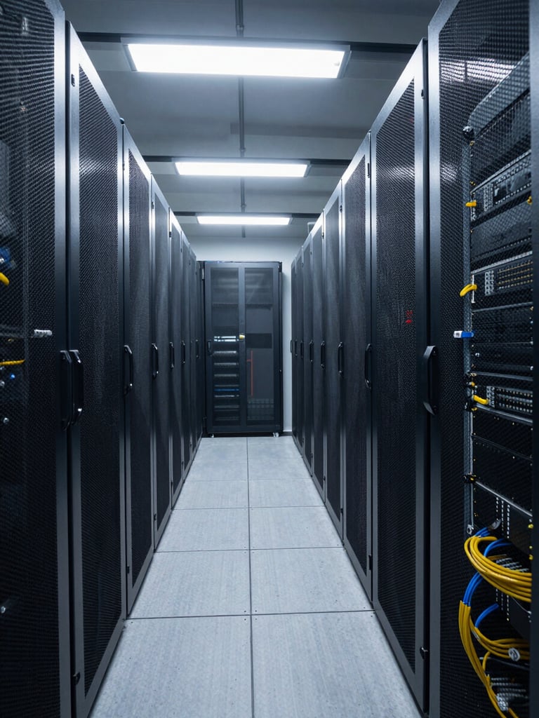 Wide shot of an active server room corridor, overhead fluorescent strip lighting casting even cool-white light across rows of rack-mounted equipment, cable management visible in the foreground, no people present
