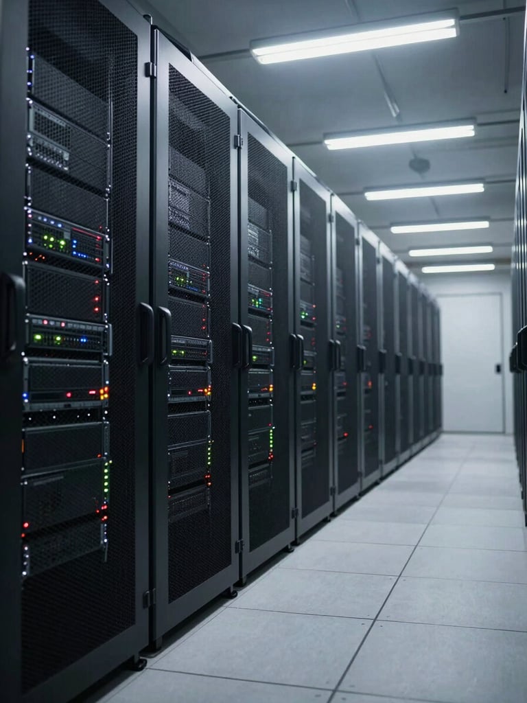Wide-angle view of an active server room corridor, racks of equipment under cool fluorescent overheads, indicator lights glowing faintly, no people — functional infrastructure at rest, shot from a low center aisle angle with depth receding to the right