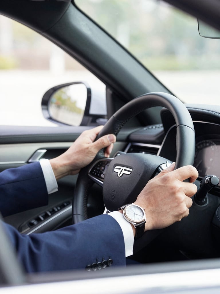 Close-up of a professional chauffeur in a tailored dark suit, wearing a refined watch, hands resting precisely on a leather steering wheel of a luxury sedan