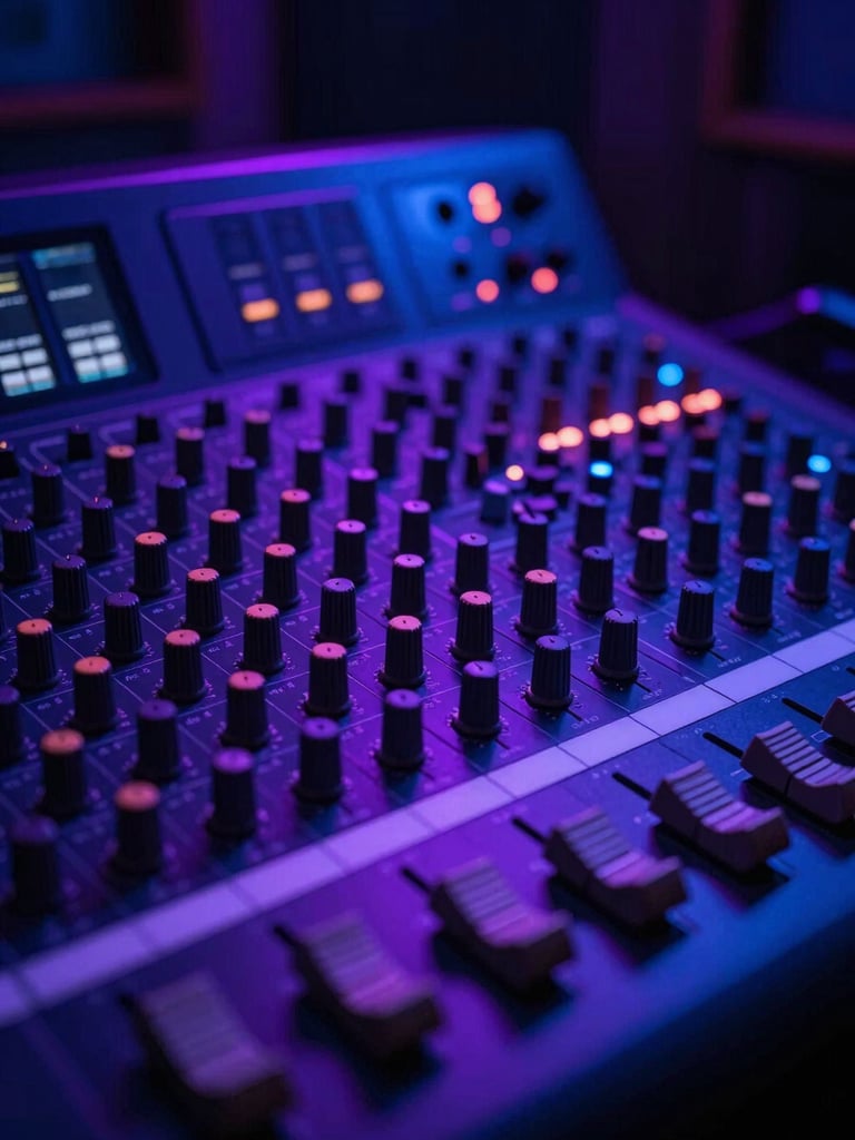 Close-up of a high-end mixing console in a dark recording studio, illuminated by sharp neon violet and blue backlighting, 35mm film atmosphere