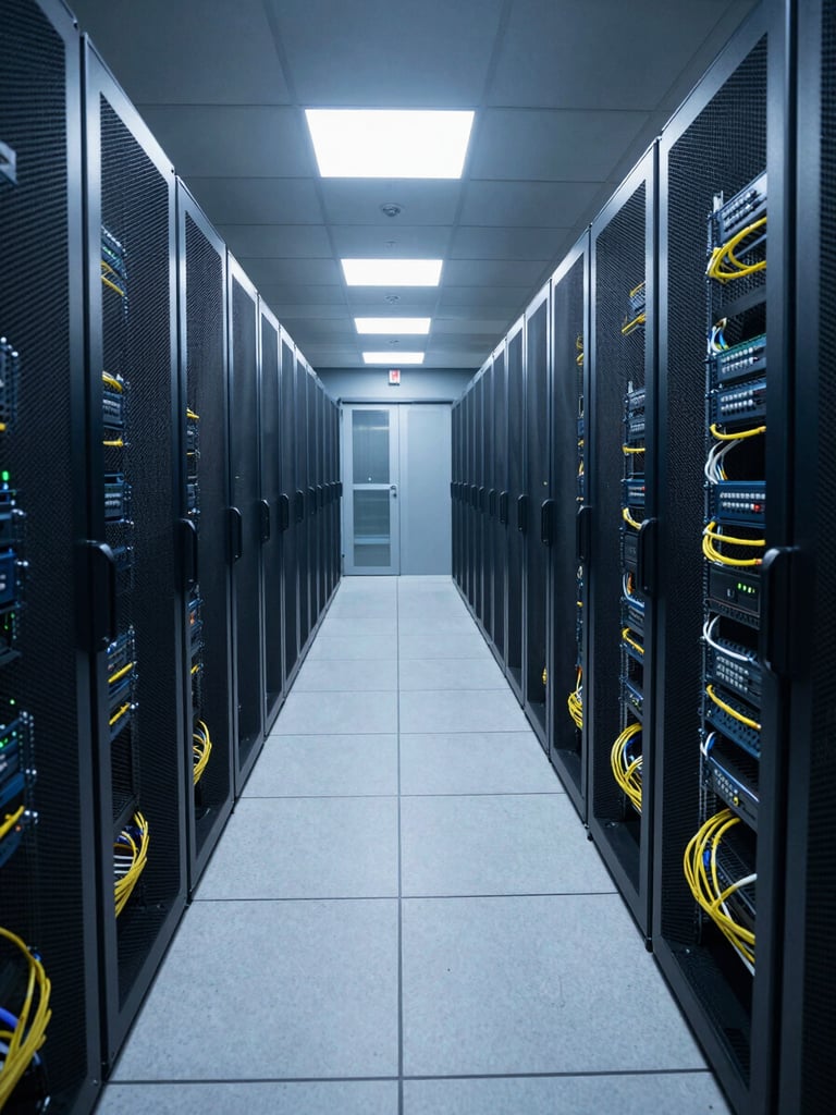 Wide shot of a financial services data center corridor, rows of illuminated server racks receding into depth, cool blue-white overhead lighting, fiber bundles routed precisely along cable trays, no people, calm and controlled atmosphere