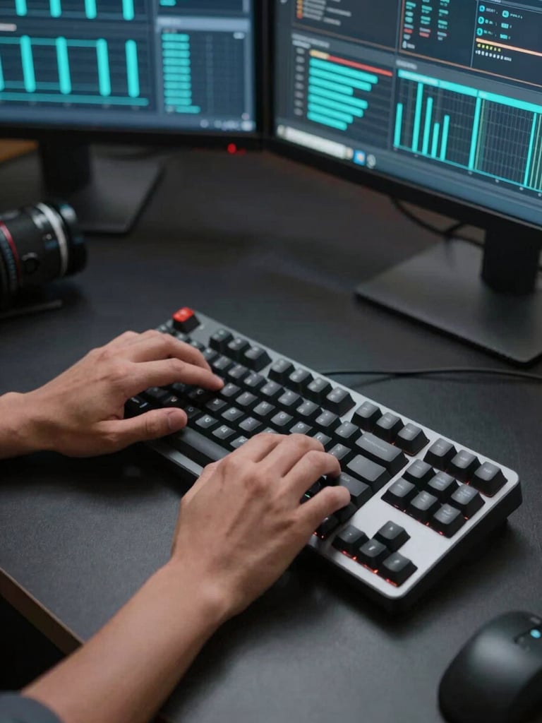 Close overhead view of hands on a mechanical keyboard, dual monitors in background showing infrastructure dashboards with cyan metric lines, even cool studio lighting, dark desk surface