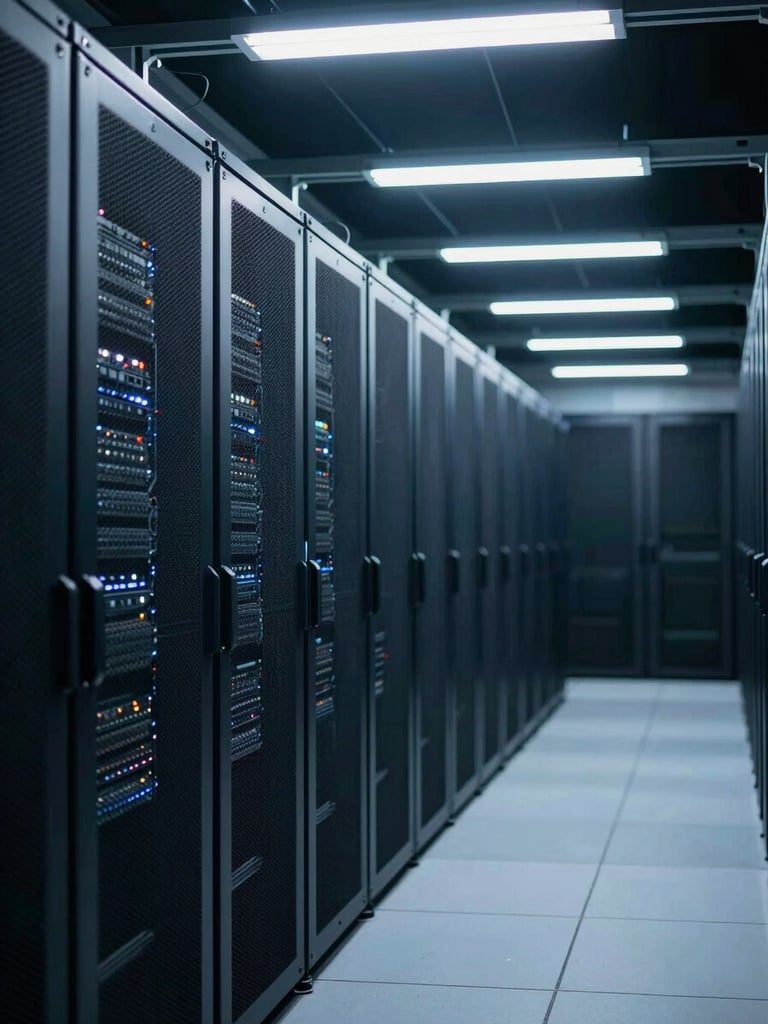 Wide enterprise data center corridor, server rack rows receding into cool blue-tinted depth, overhead fluorescent strip lighting, extreme left-frame composition with generous dark negative space on the right