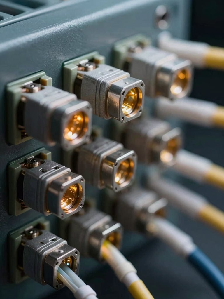 Extreme close-up of fiber optic cable connectors plugged into a dense patch panel, cool studio lighting revealing individual strand cores, shallow depth of field, dark background, crisp technical detail