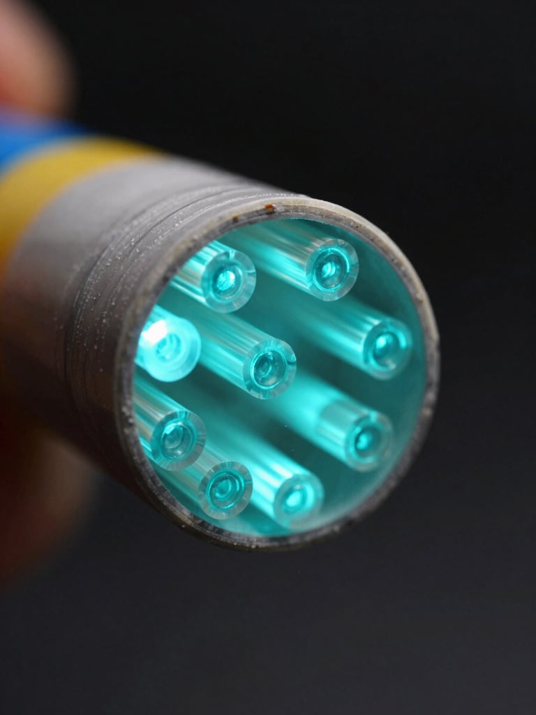 Extreme close-up of fiber optic cable bundle cross-section with illuminated cyan light cores, dark background, sharp technical detail, cool controlled studio lighting, left-anchored framing