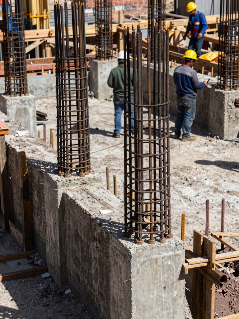 Close-up of organized active construction site in Jalisco, safety-helmeted workers in the background checking structural rebar columns, concrete formwork in foreground, natural daylight from above, documentary framing with depth showing scale of the structure