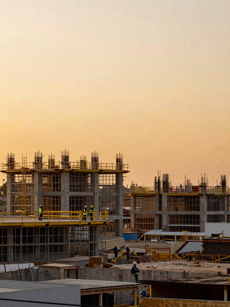 Wide panoramic view of a large commercial construction site in Jalisco at golden hour, organized scaffolding and structural concrete framework rising against a warm amber sky, workers in hard hats and safety vests visible at lower level, low horizon, generous open sky above
