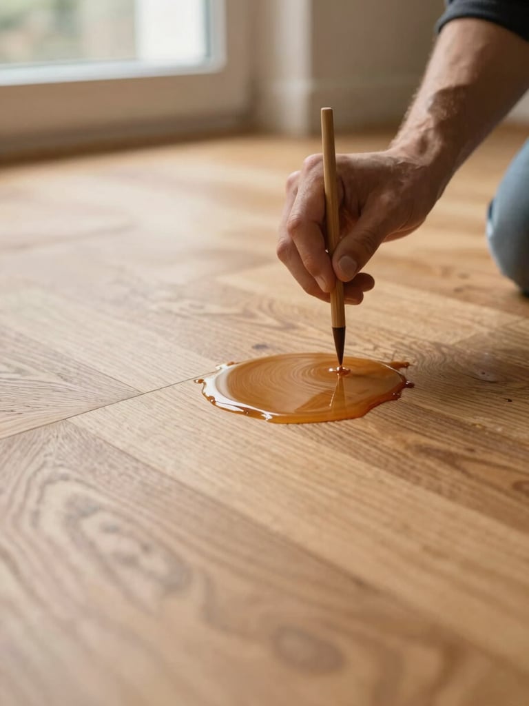 Close-up of a craftsman carefully applying water-based lacquer to a sanded oak parquet floor, warm side-light highlighting the wet sheen and natural wood grain texture, shallow depth of field