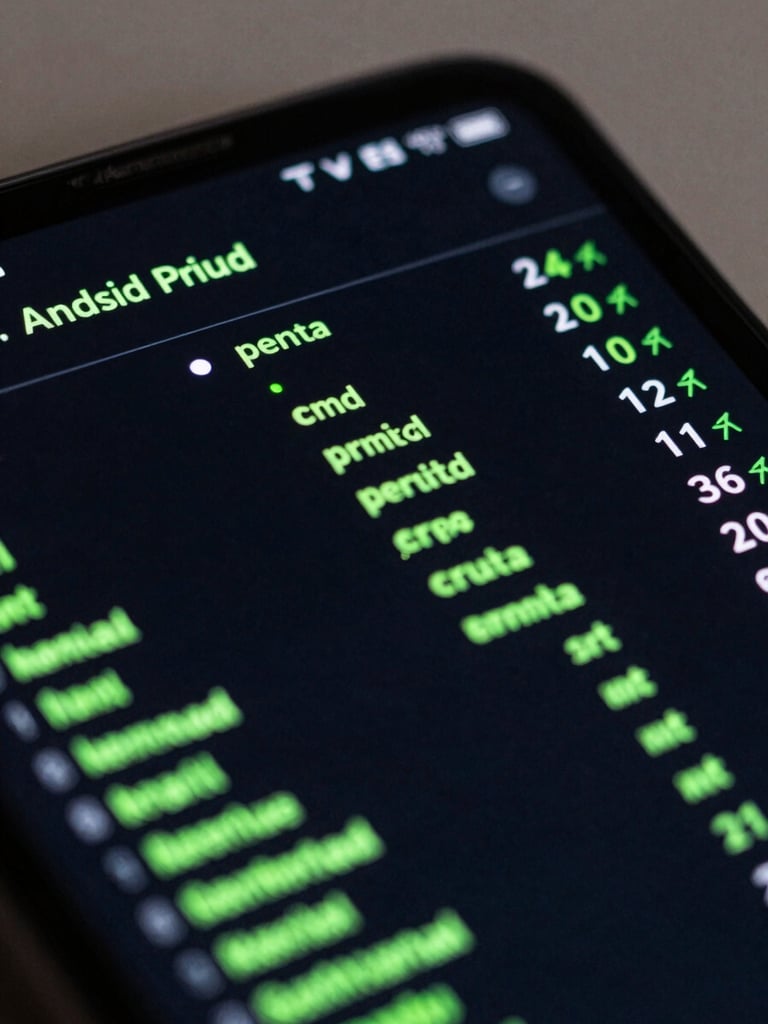 Macro shot of a dark-mode Android interface on a premium device screen, displaying active system diagnostics and neon green telemetry lines under high-contrast terminal glow.