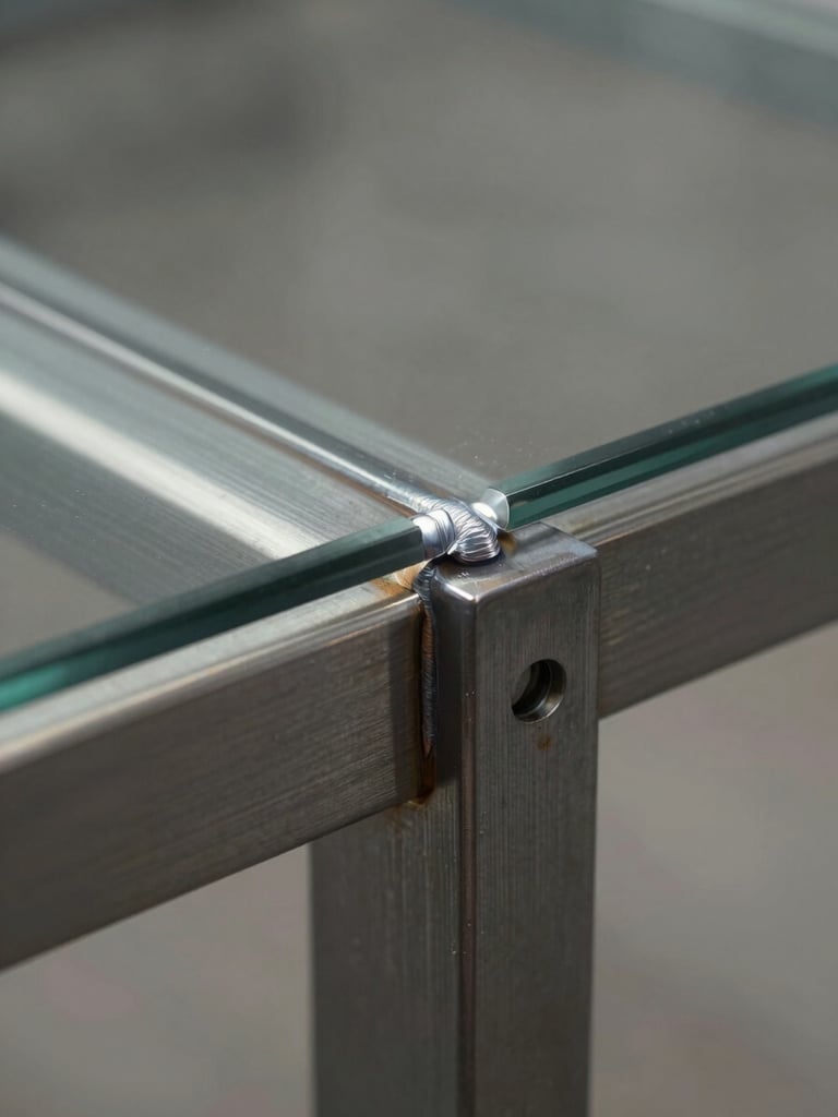 Extreme close-up of a steel-to-glass table joint under raking sidelight, weld seam and edge chamfer in sharp focus, cool neutral studio light, no props, surface texture of brushed steel visible