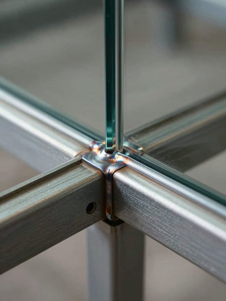 Extreme close-up of a steel-to-glass joint on a furniture frame, raking studio sidelight revealing the precision of the weld seam and the ground edge of the glass panel, cool north-facing light, no styling props, the junction fills the frame