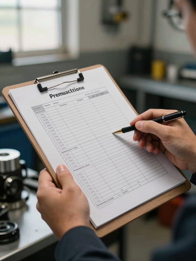 Close-up of hands holding a printed car inspection checklist on a clipboard, daylight from a side window, mechanical workshop background slightly out of focus