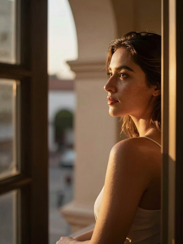 Close environmental portrait — a woman in golden-hour light, face turned toward a soft open window, warm amber tones wrapping her shoulders, filmed from just below eye-level, generous dark negative space to the left, Montería architectural texture blurred in the background