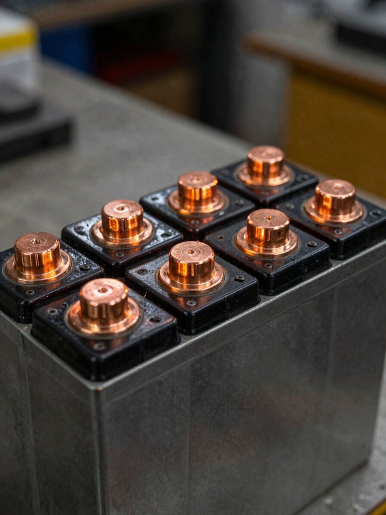 Tight close-up of lead-acid battery cells arranged in a row under warm tungsten workshop light, copper-coloured terminal posts catching the amber glow, dark steel battery casing surface, workshop bench visible in shallow background, portrait orientation