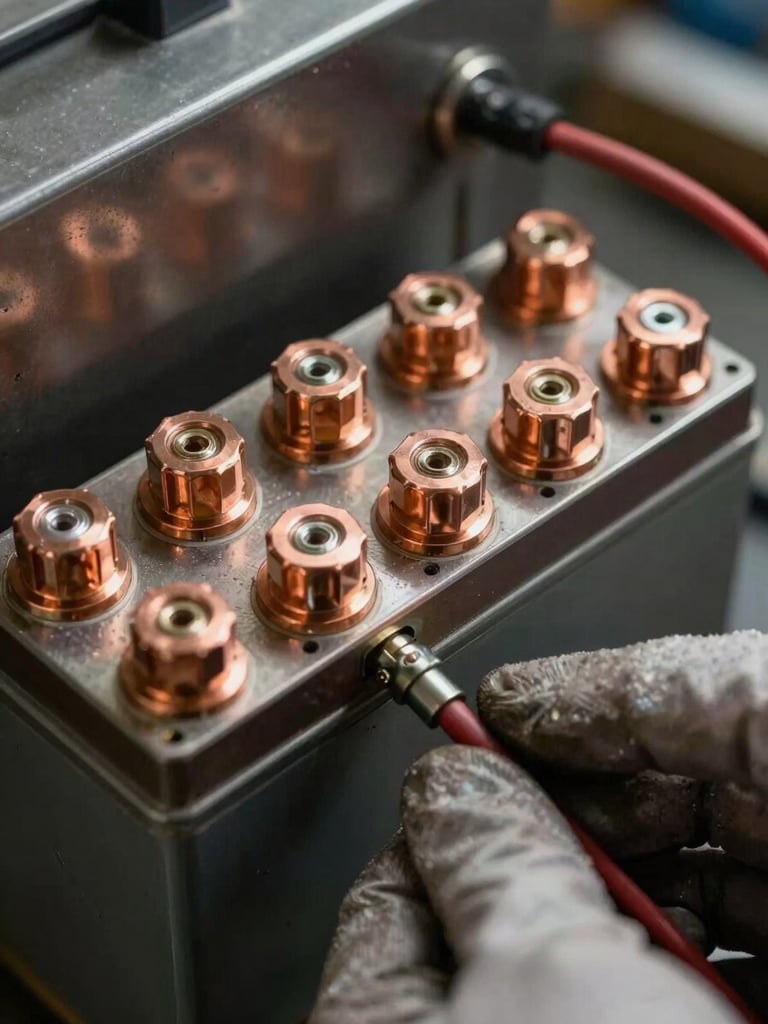 Extreme close-up of a lead-acid battery terminal block under warm tungsten workshop light, copper connectors and solder joints filling the frame, a technician's gloved hand steadying a cable in the lower right, dark steel panel behind, shallow depth of field