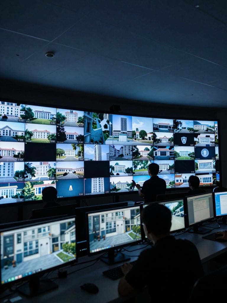 Wide environmental shot of a security operations room at night, rows of monitoring screens displaying live feeds from multiple buildings, a single operator silhouetted against the blue-tinted glow of the screens, dark ceiling above, no ambient light except the monitors