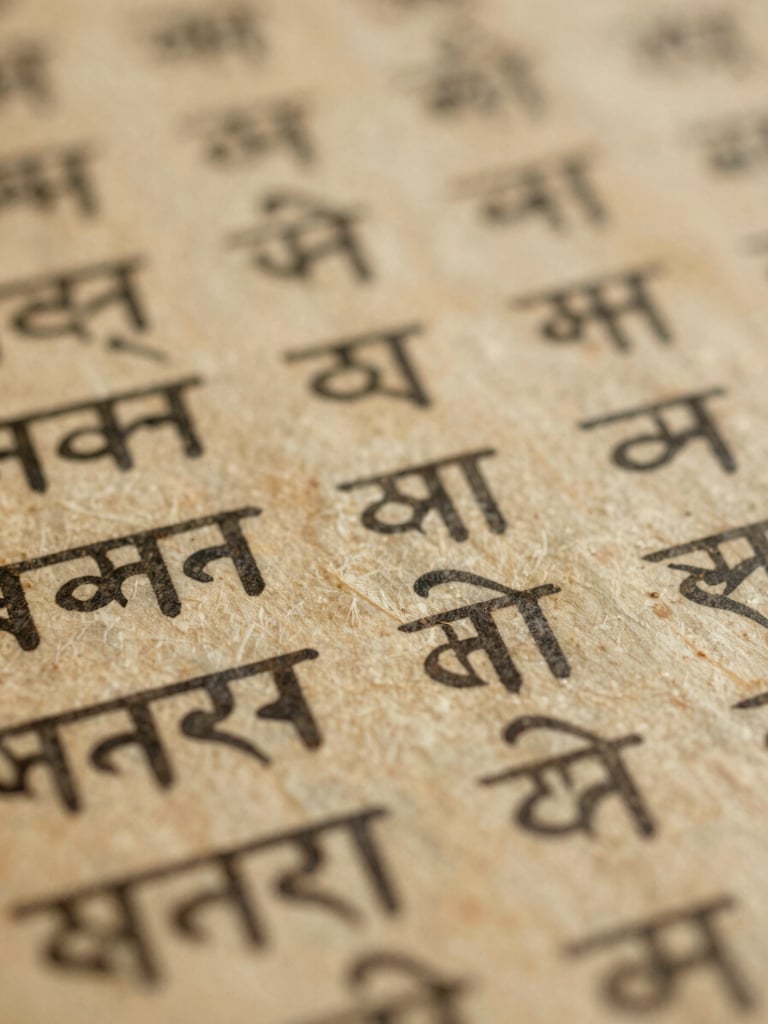 Macro close-up of ancient aged manuscript paper with faint traditional Sanskrit calligraphy, soft diffused library light, warm parchment tones, 35mm archival photography.
