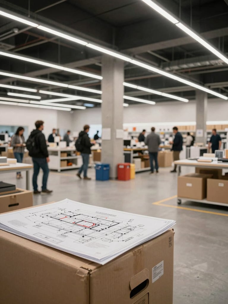 Wide-angle environmental shot of an active site survey in an expansive retail showroom, clean industrial lighting, structural columns visible, blueprint plans resting on a material crate.