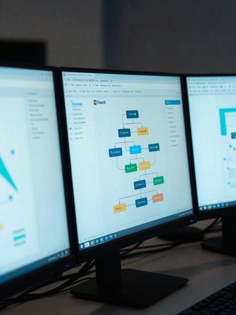 Close-up of three monitors side by side in a dark operations room, each screen showing a different TokeIA product interface — agent orchestration graph, process flow automation map, and a data lineage diagram — illuminated by cool cyan and electric blue monitor glow, shot from a slight angle