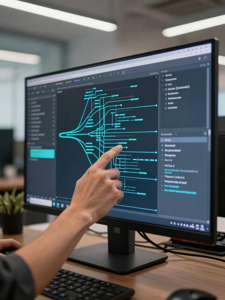 Close-up of two hands configuring an AI agent workflow on a large ultrawide monitor in a modern Bogotá office — cyan data flow lines visible on screen, crisp overhead studio lighting, dark desk surface, no people's faces visible