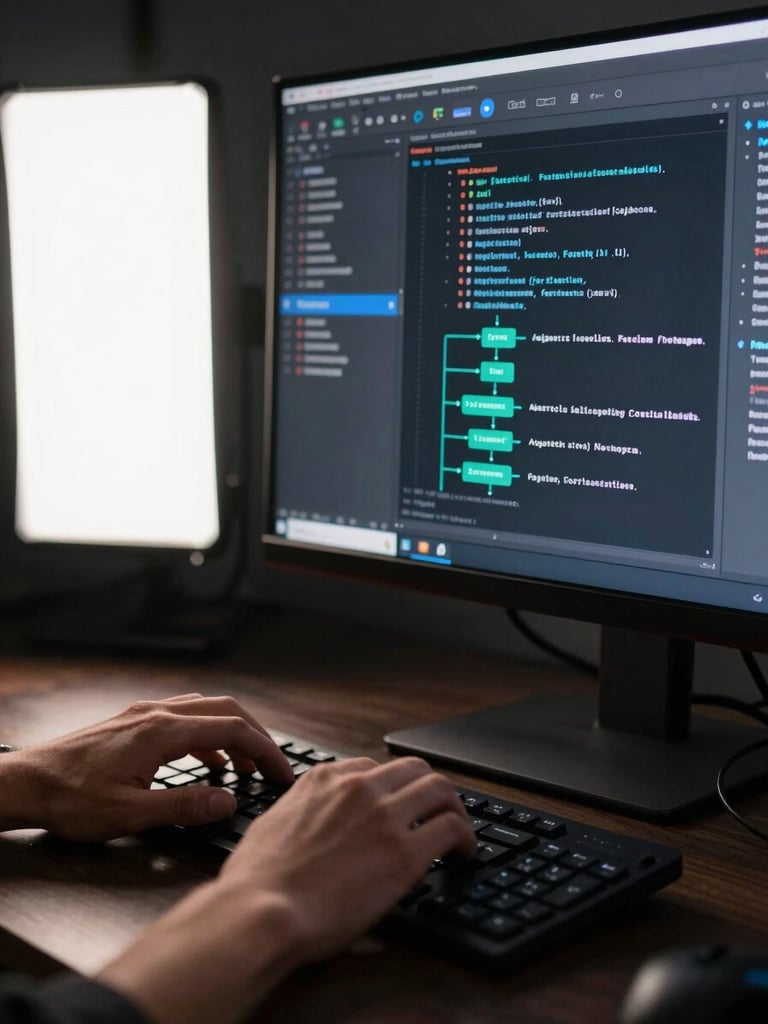 Close-up of a developer's hands configuring an AI agent workflow on a high-resolution monitor, terminal output and data pipeline graph visible on screen, bright studio strobe lighting from the left, crisp and high-contrast, shot tight on the keyboard and screen edge, dark desk surface