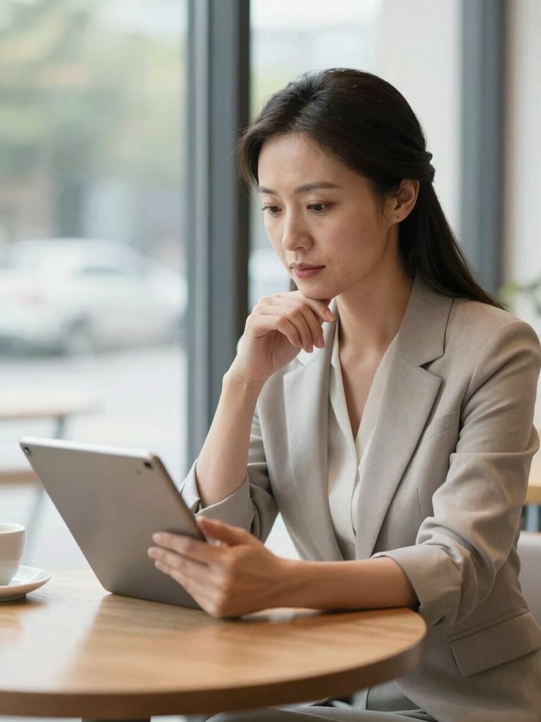 A mature professional woman in her late 30s sitting in a quiet, modern cafe, looking thoughtfully at her tablet screen, natural morning window light, shallow depth of field.