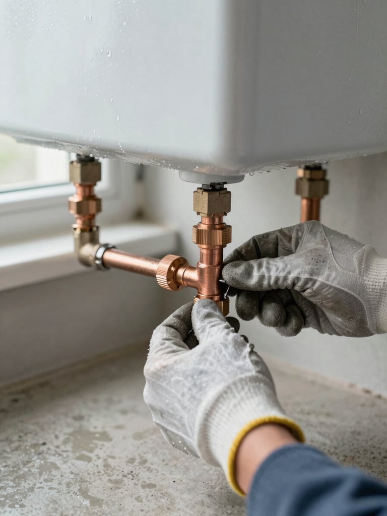 Close-up documentary shot of a plumber's gloved hands tightening a copper pipe joint beneath a residential water heater, bright natural light from a nearby window, condensation visible on the tank, concrete floor below