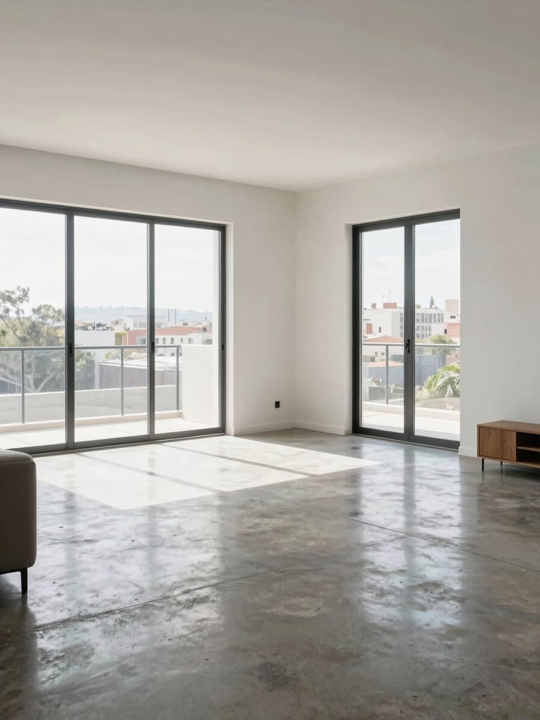 Wide interior shot of a bright living room in a modern Mexican apartment, large windows letting in diffused north-facing daylight, white walls revealing true proportions, polished concrete floors, minimal furniture, no staging artifice