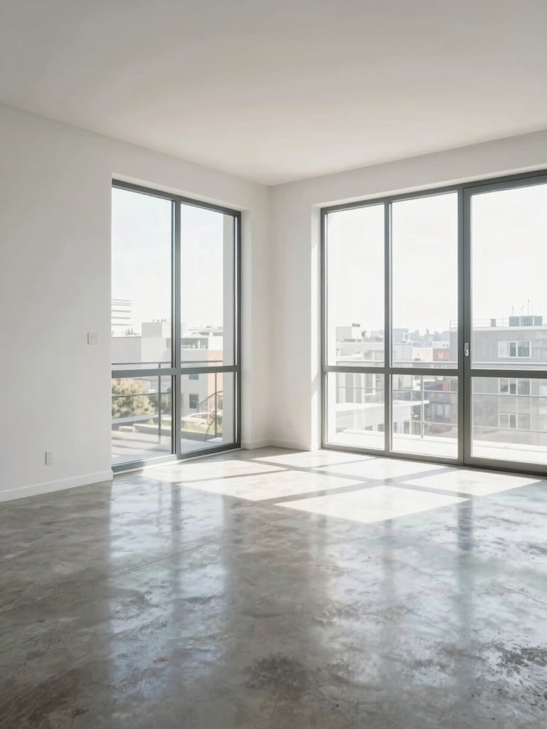 Wide interior shot of a bright apartment living room, north-facing daylight through floor-to-ceiling windows, clean white walls, polished concrete floor visible, camera positioned at room corner to show full spatial scale and natural proportions