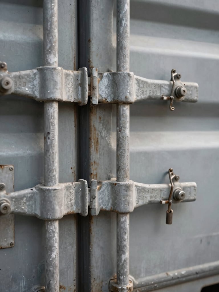 Macro close-up of a heavy-duty steel shipping container seal with serialized laser-etched manifest numbers, harsh industrial lighting