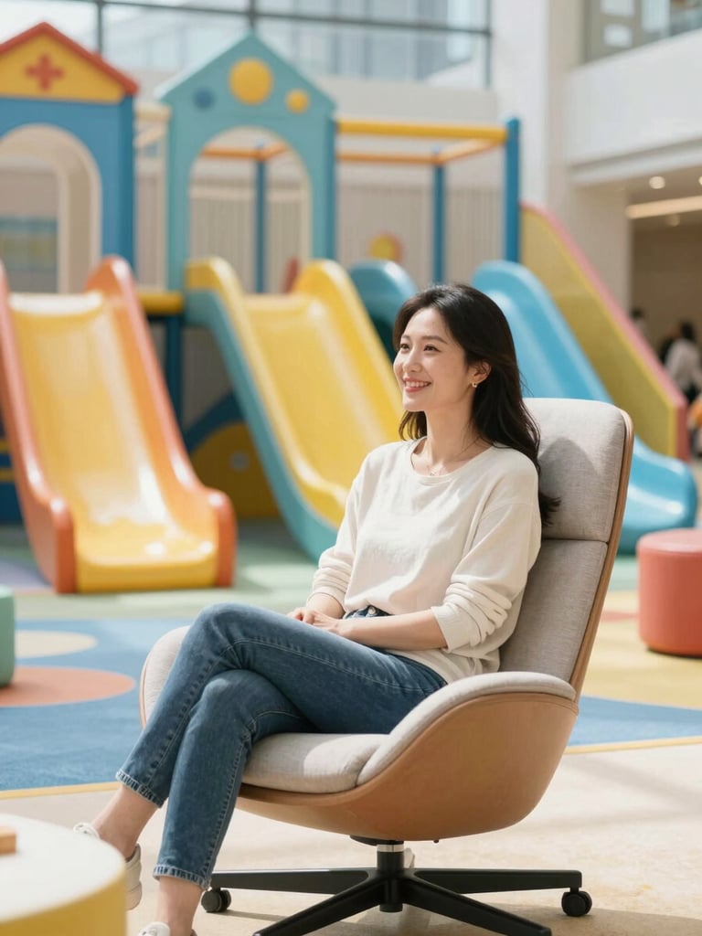 A mother sitting in a comfortable modern lounge chair, smiling and looking towards a colorful indoor playground in the background, bright daylight.