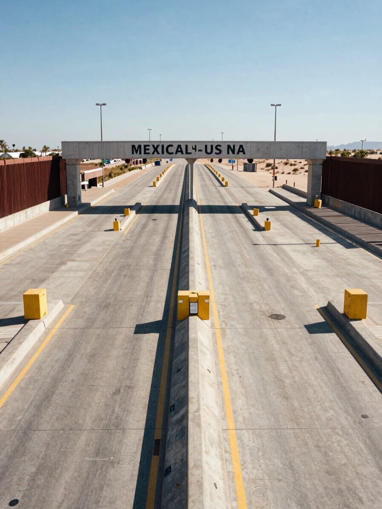 High-altitude symmetrical wide shot of the Mexicali-US border crossing, modern concrete customs lanes under clear bright daylight, structured lanes, negative space.