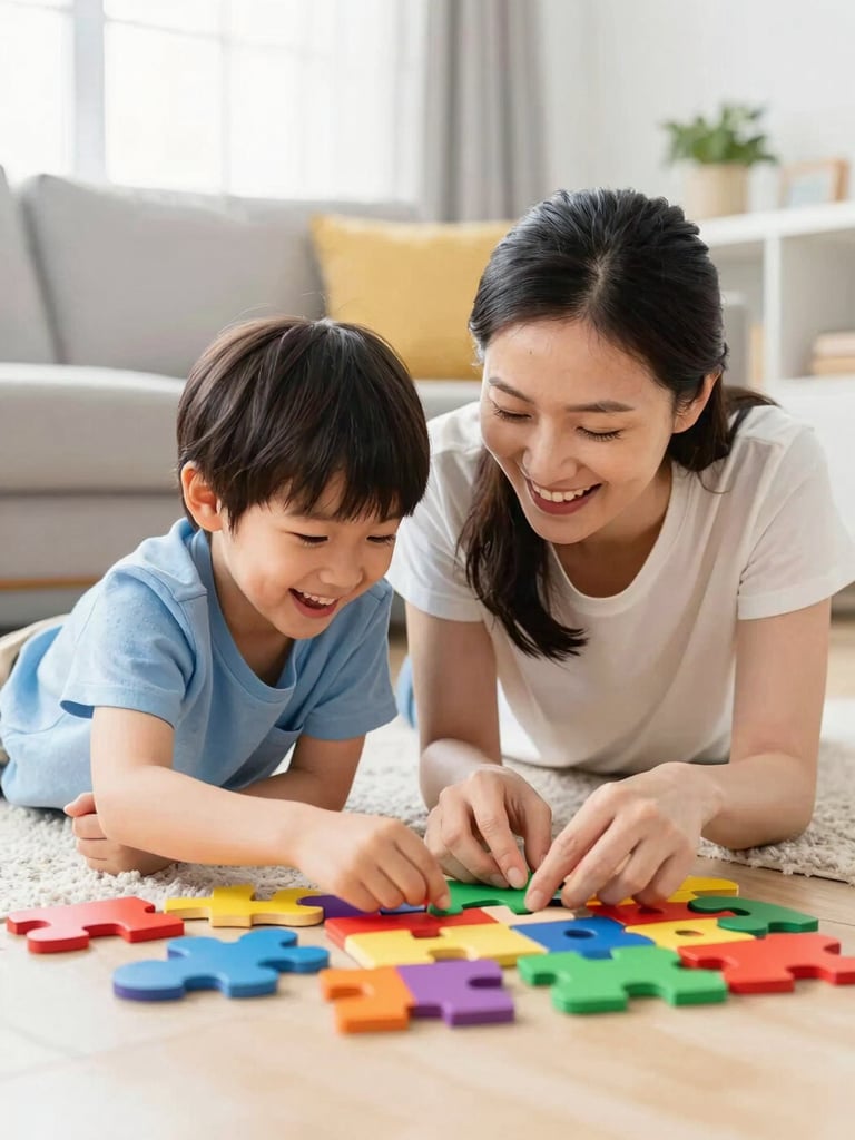 A warm, natural light shot of a mother and child laughing together while assembling a colorful wooden puzzle on a sunny living room floor