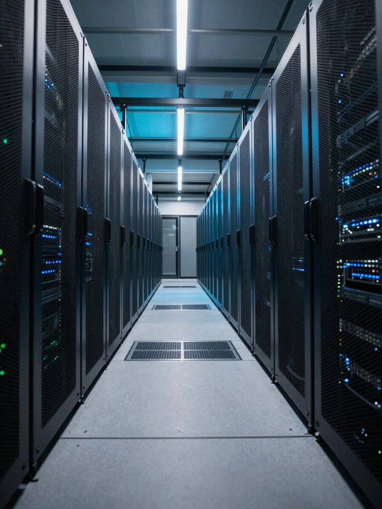 Wide architectural interior of a hyperscale data center corridor, shot from a low angle looking down a long aisle of server racks receding into the distance, cool LED strips casting blue-cyan ambient light along the floor and ceiling, no people, no text, deep shadow at the edges, crisp metallic surfaces in the foreground, photographed with precise geometric framing