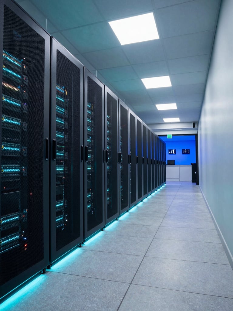 Wide architectural view of a vast data center corridor, shot from low angle looking down a symmetrical row of illuminated server racks receding into darkness, cool cyan LED strips lining the floor and ceiling edges, dim blue ambient light from security operations panels on the right wall, no personnel visible, operational calm under load
