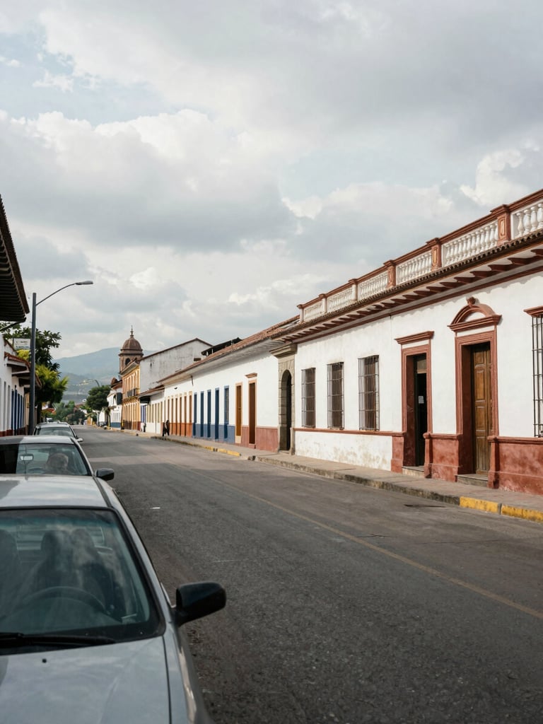 Wide panoramic street view of Popayán Colombia, colonial-era road stretching left to right, a parked car with a visible windshield in the foreground left, overcast afternoon light, documentary framing, no people