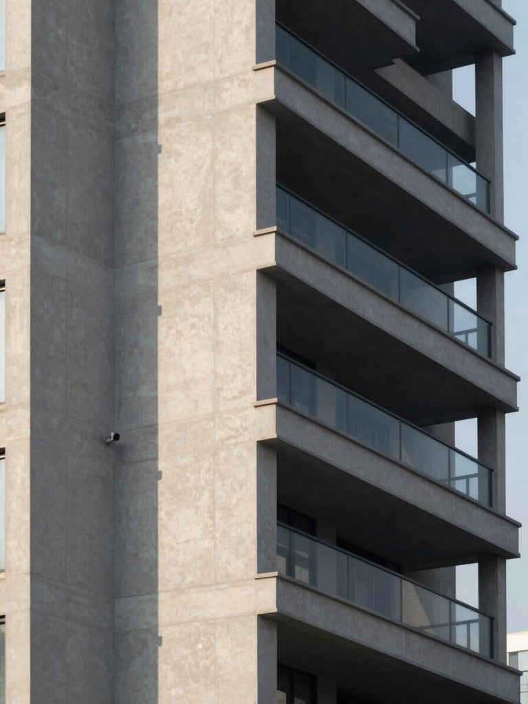 Architectural detail of a modern high-rise development facade, sharp morning shadows, clean geometric concrete lines, 35mm architectural lens, muted corporate tones