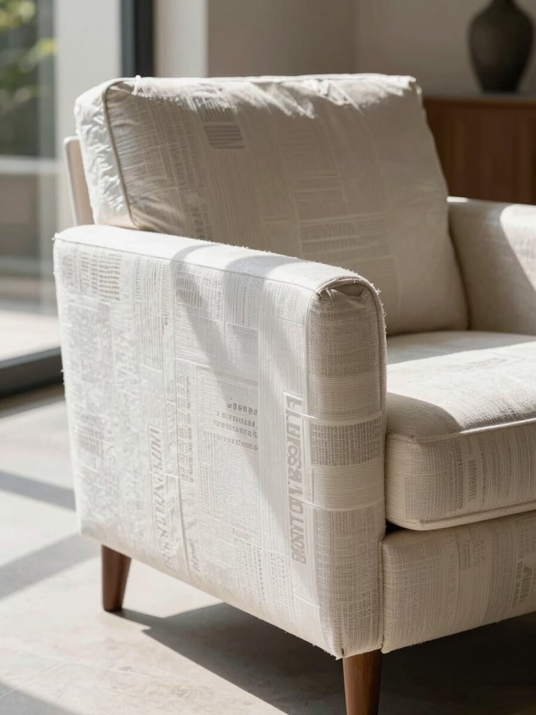 Meticulously wrapped mid-century modern armchair in three layers of custom protective material, bright natural daylight, tight macro shot, Al Safa villa interior background.
