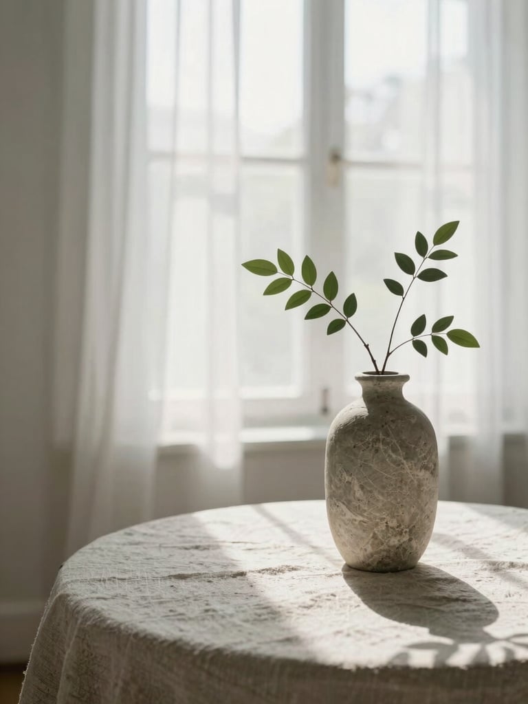 Sunlit minimalist treatment room, close-up of natural linen textures and a textured stone vase with a single green branch, soft morning window light, 35mm