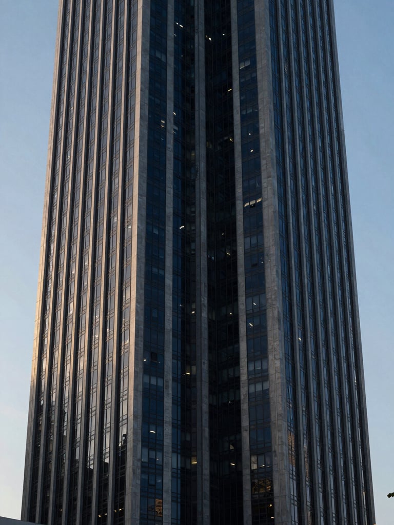Symmetrical architectural perspective of a modern financial tower in Panama City, cool morning daylight, sharp shadows, deep navy tones, 35mm lens
