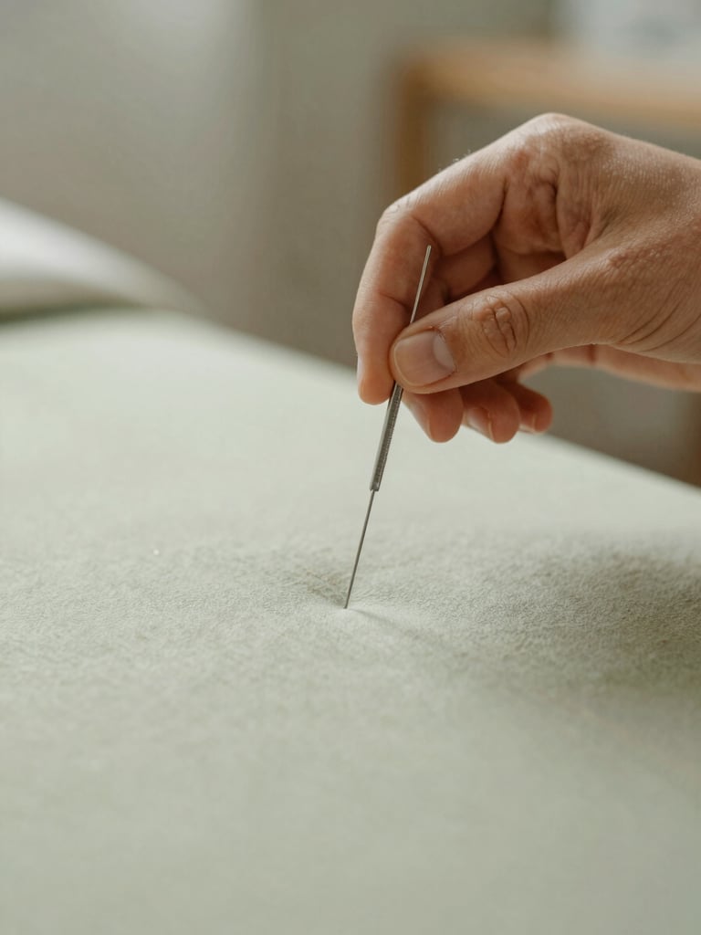Warm editorial close-up of a hand gently holding a sterile acupuncture needle above a clean, calm treatment table, soft diffused natural daylight, muted sage tones, shallow depth of field