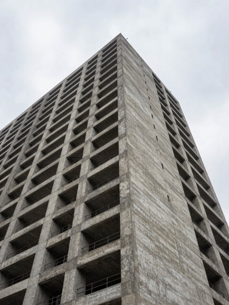 Low-angle heroic shot of a completed mid-rise building against an overcast sky, emphasizing raw concrete and rigid geometric shadows.