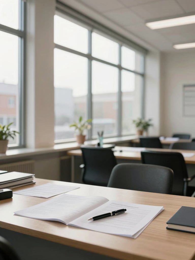 Wide environmental shot of a clean financial planning office interior, natural north-facing daylight streaming through tall windows onto an organized desk with open documents and a pen resting on paper, warm white walls, no people, ordered surfaces conveying methodical calm