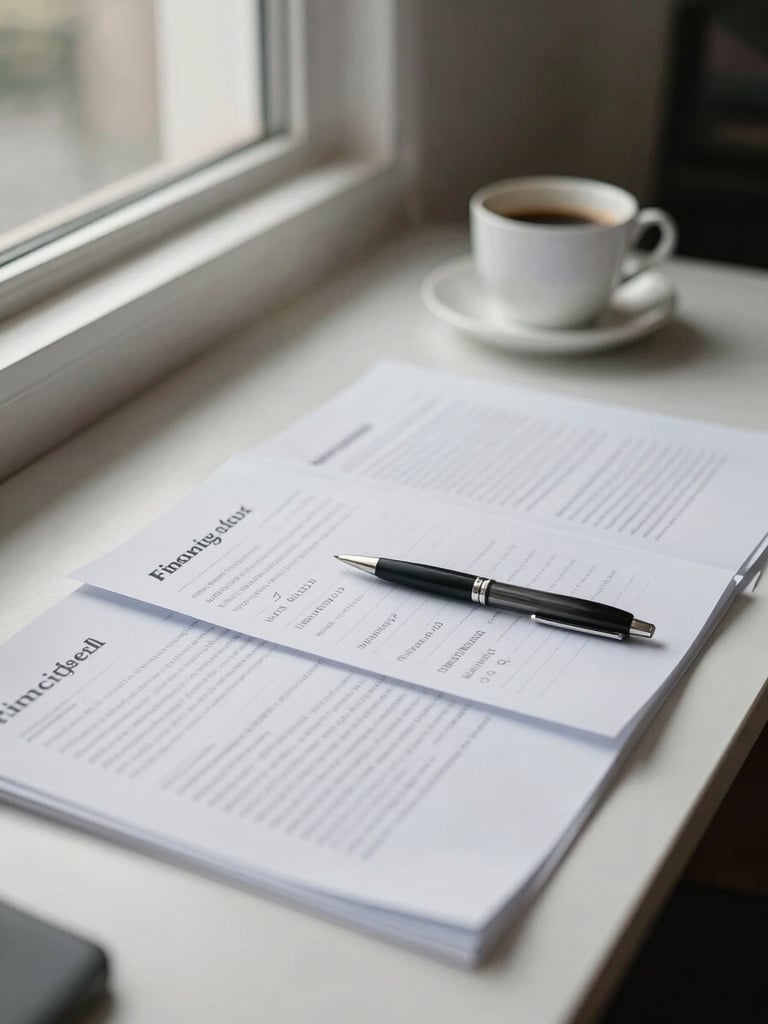 Wide environmental shot of a financial planning desk from the left side, north-facing window light falling across open documents and a pen resting on handwritten notes, a coffee cup slightly out of focus in the background, clean organized surface, calm and methodical atmosphere