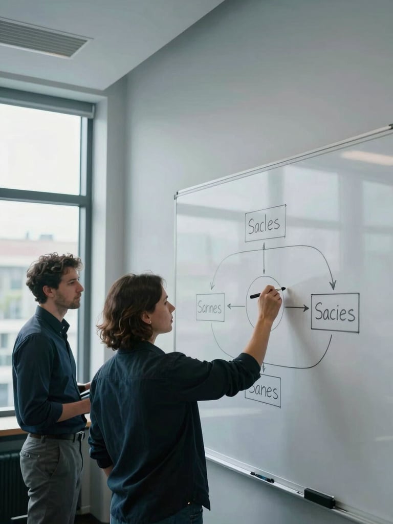 Medium-wide office scene, two professionals at a whiteboard mapping out a sales funnel diagram with markers, cool daylight from large windows to the left, charcoal whiteboard filling the right third of the frame, architectural negative space above