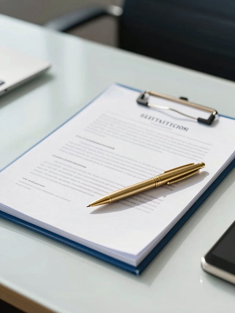 Professional office setting with a desk, legal documents, and a warm gold pen, clean corporate blue tones, bright natural daylight