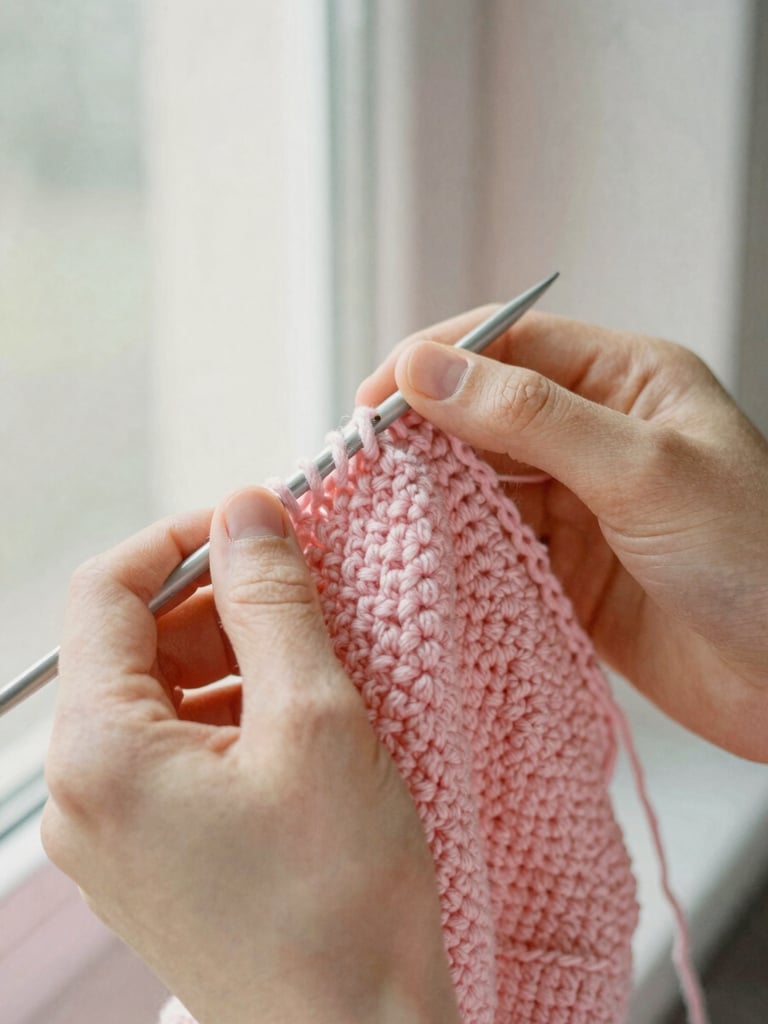 Close-up of hands holding a crochet needle and soft pink yarn, showing the intricate loop-by-loop texture, warm morning window light.