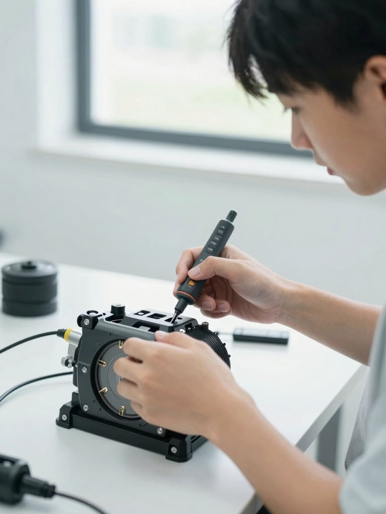 Close-up of a student in a clean, brightly lit workshop using digital diagnostic tools on an e-bike motor, focused expression, cool gray tones, 35mm lens.